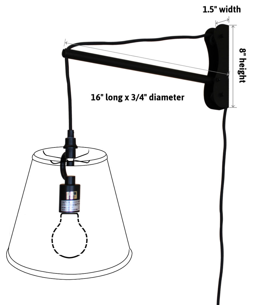 MAST Plug-In Wall Mount Pendant, 1 Light Black Cord/Arm, Shallow Drum Black Shade 10x12x8