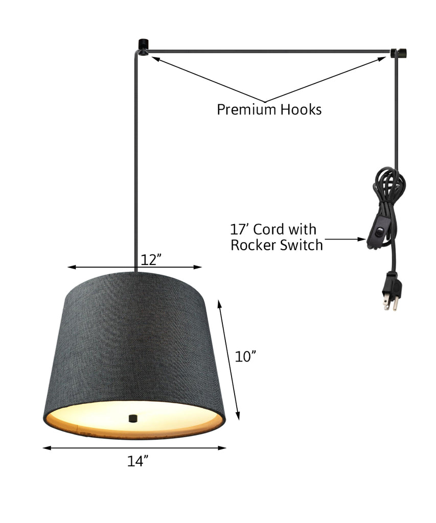 2 Light Swag Plug-In Pendant 14"w Drum Granite Gray Burlap with Diffuser, Black Cord